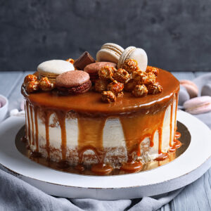 caramel cake with macarons